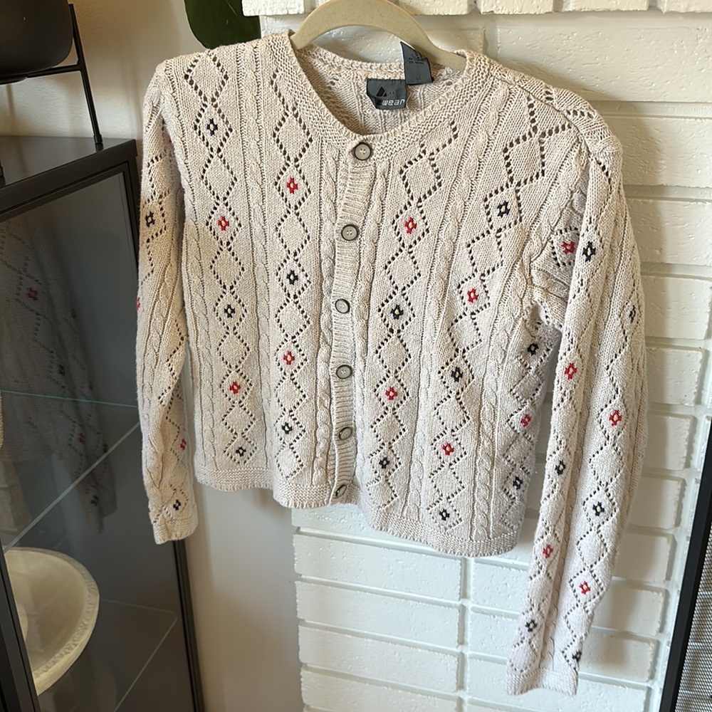 Vintage 90s Liz Wear Southwestern Linen Blend Cardigan Eyelet Sweater